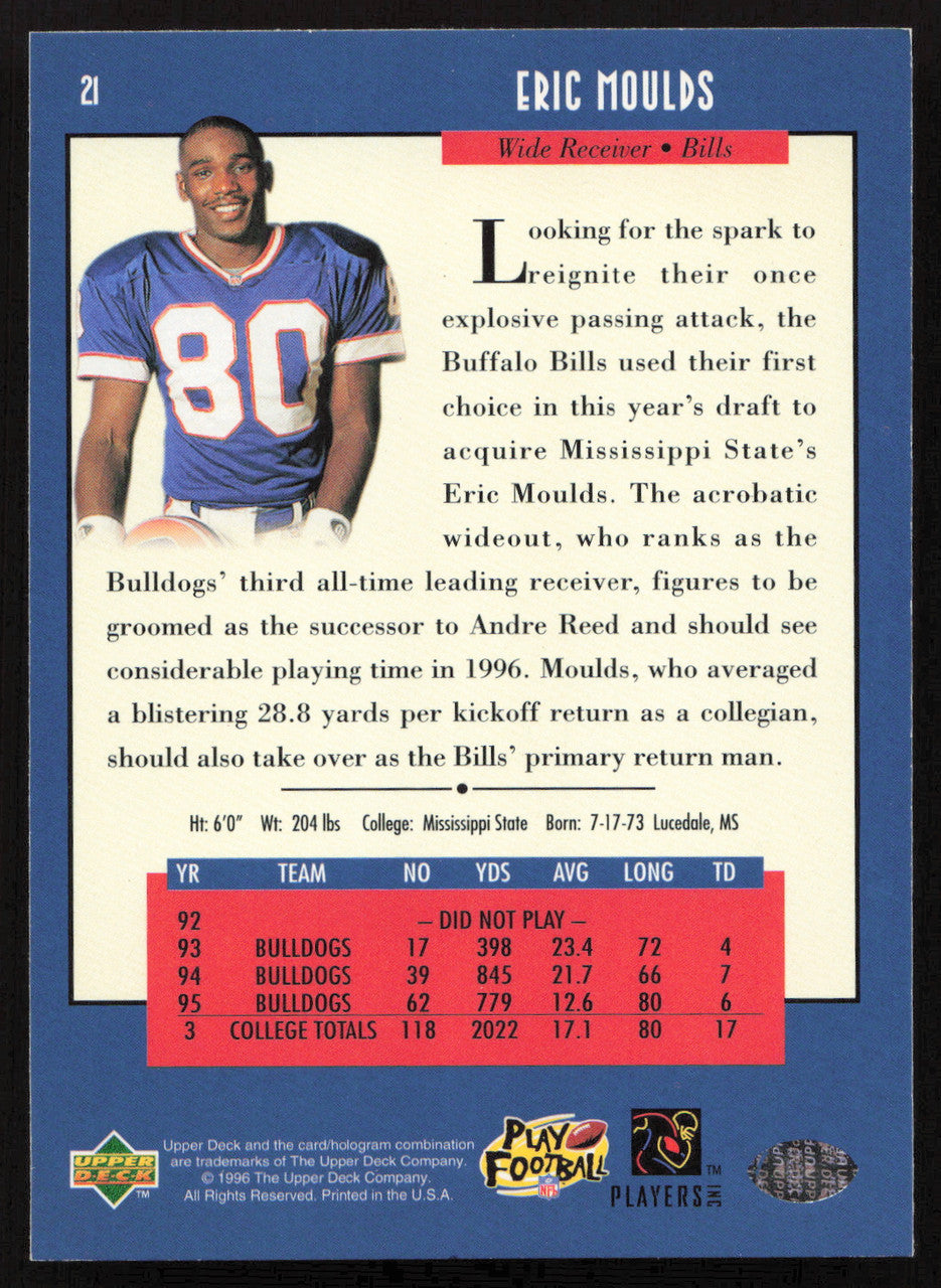 Eric Moulds Autographed 1996 Upper Deck Rookie Card #21 Buffalo Bills SKU #260347