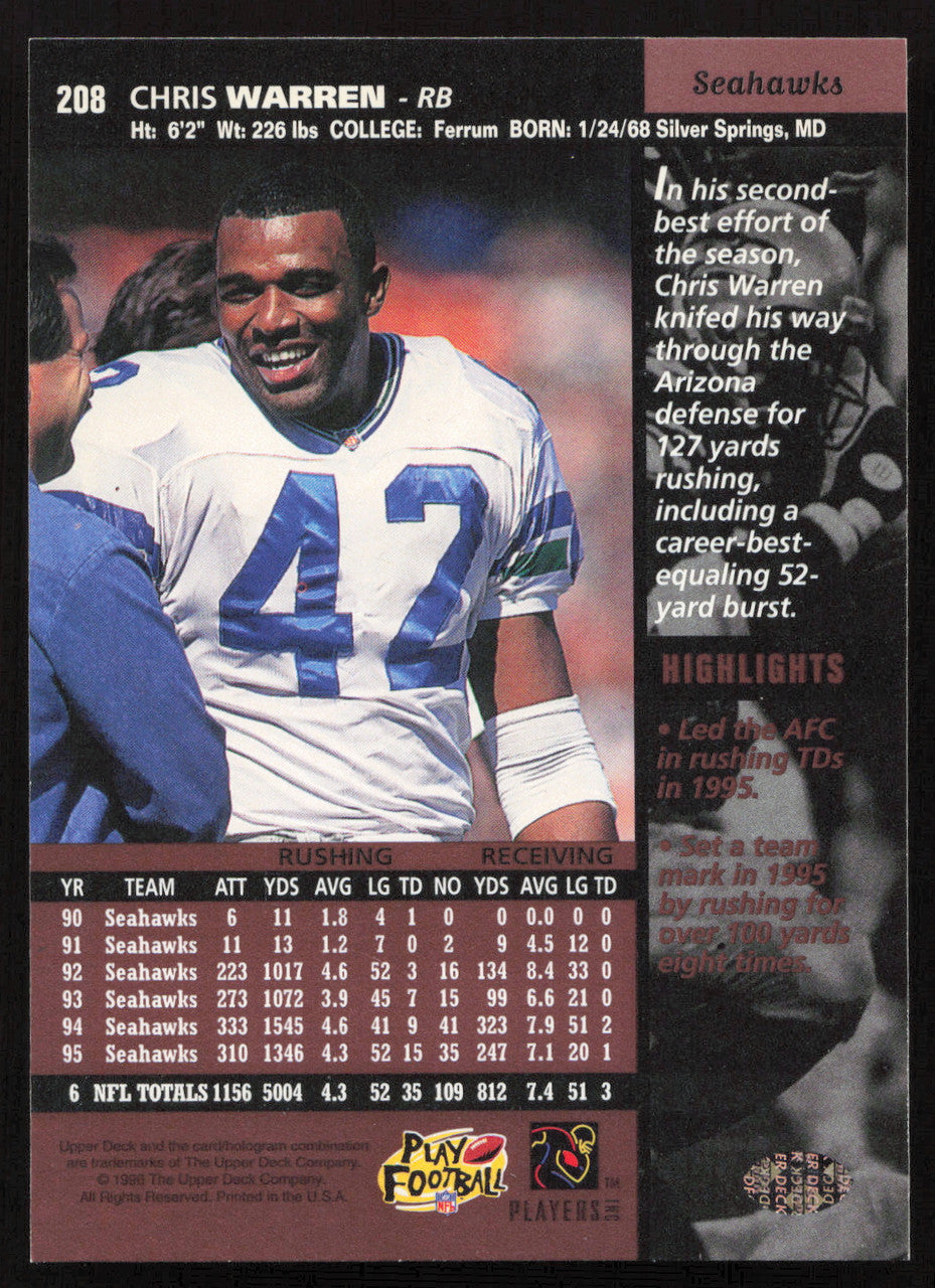 Chris Warren Autographed 1996 Upper Deck Card #208 Seattle Seahawks SKU #260355