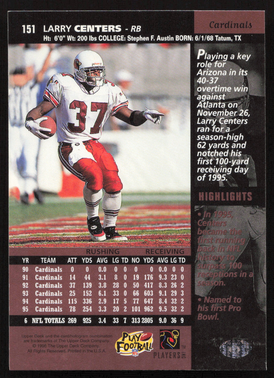 Larry Centers Autographed 1996 Upper Deck Card #151 Arizona Cardinals SKU #260358