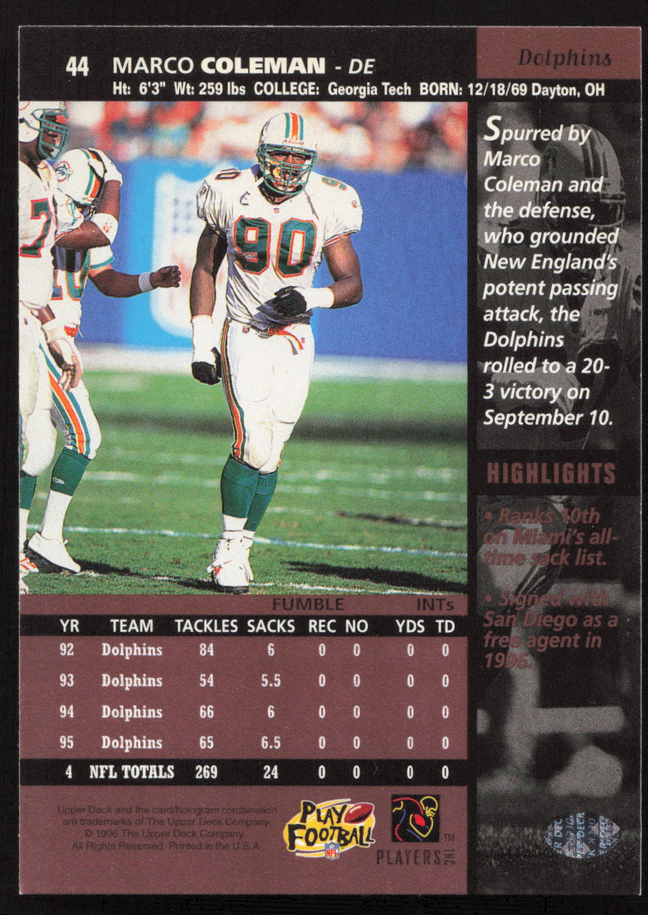 Marco Coleman Autographed 1996 Upper Deck Card #44 Miami Dolphins SKU #260365