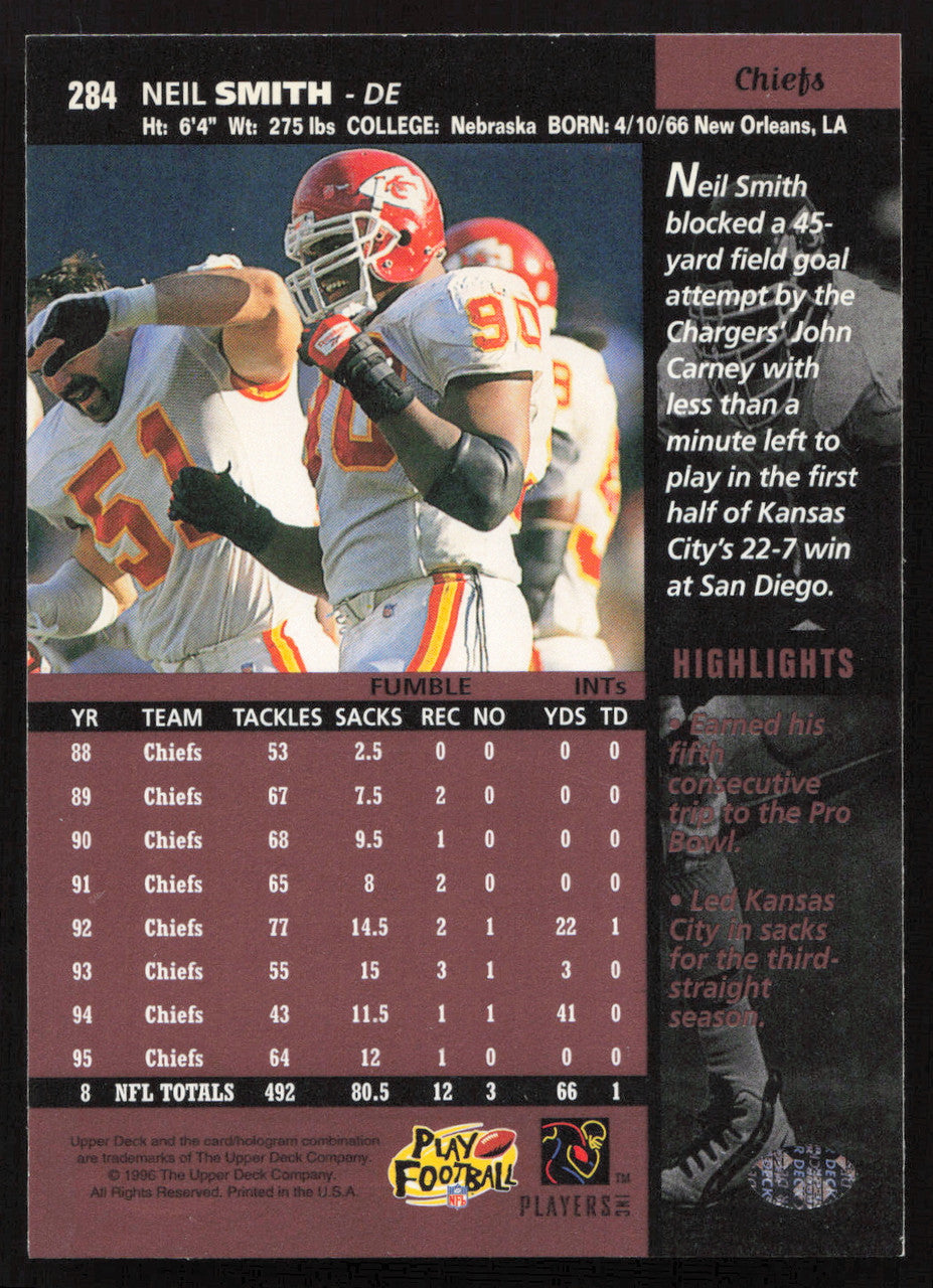 Neil Smith Autographed 1996 Upper Deck Card #284 Kansas City Chiefs SKU #260366