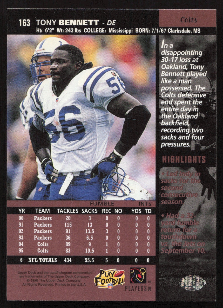 Tony Bennett Autographed 1996 Upper Deck Card #163 Indianapolis Colts SKU #260369