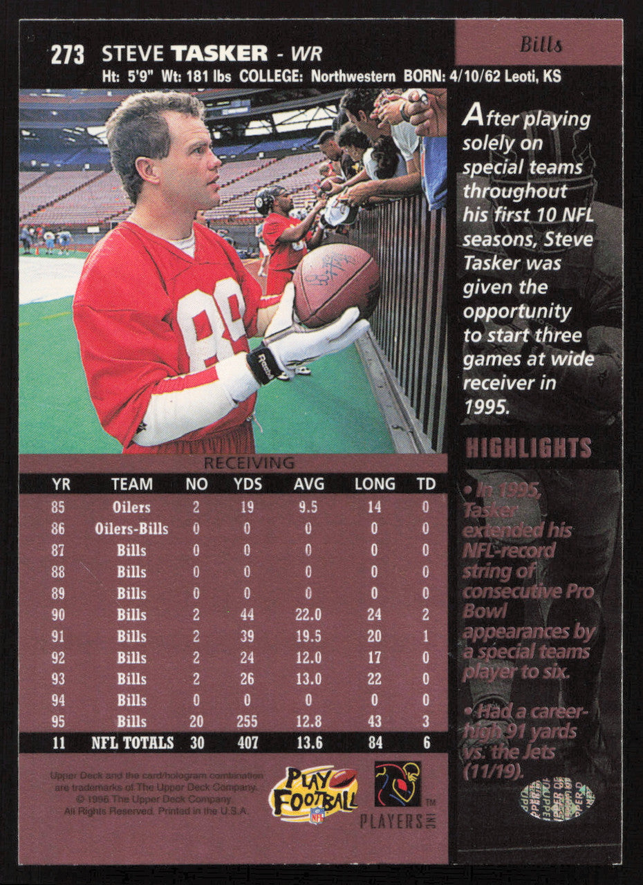 Steve Tasker Autographed 1996 Upper Deck Card #273 Buffalo Bills SKU #260371