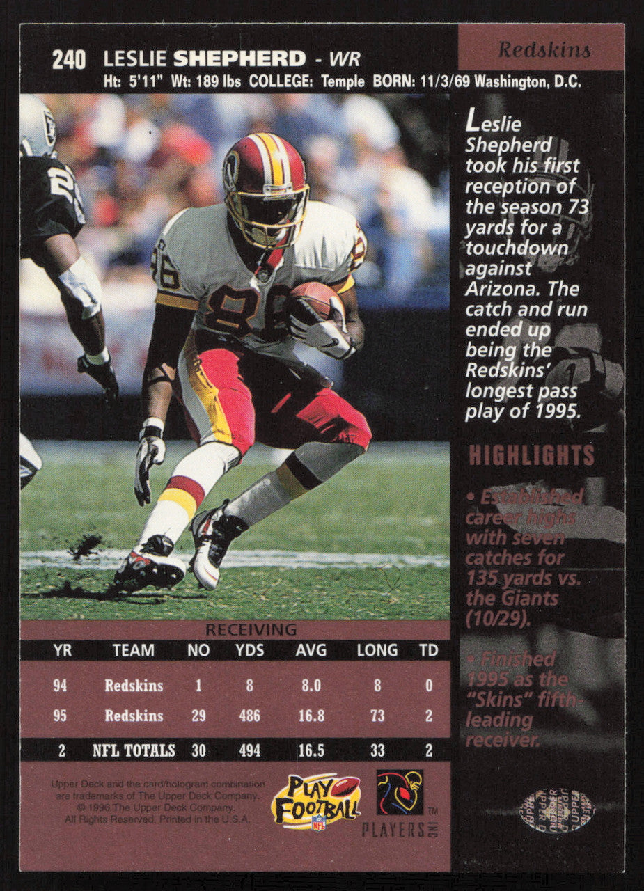 Leslie Shepherd Autographed 1996 Upper Deck Card #240 Washington Redskins SKU #260374