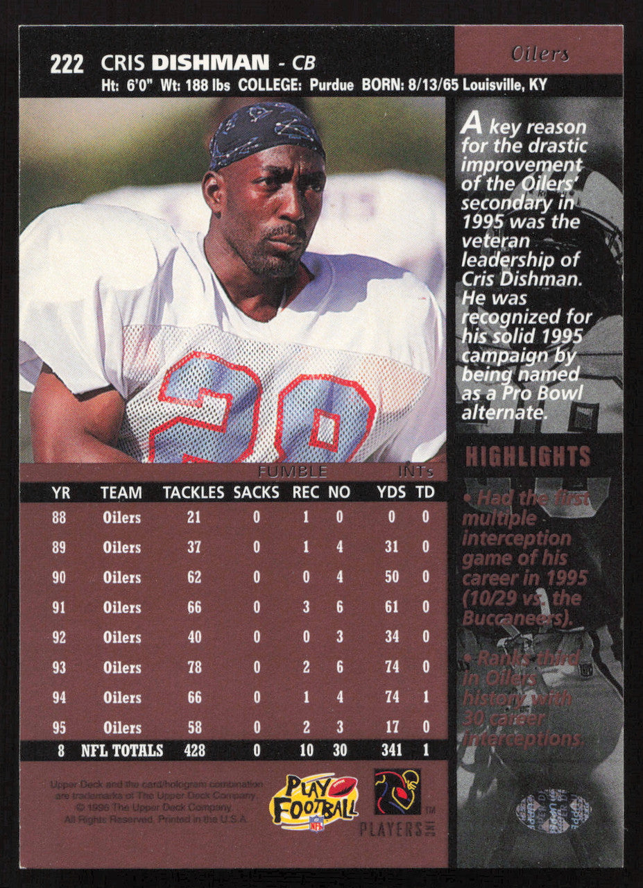 Cris Dishman Autographed 1996 Upper Deck Card #222 Houston Oilers SKU #260380