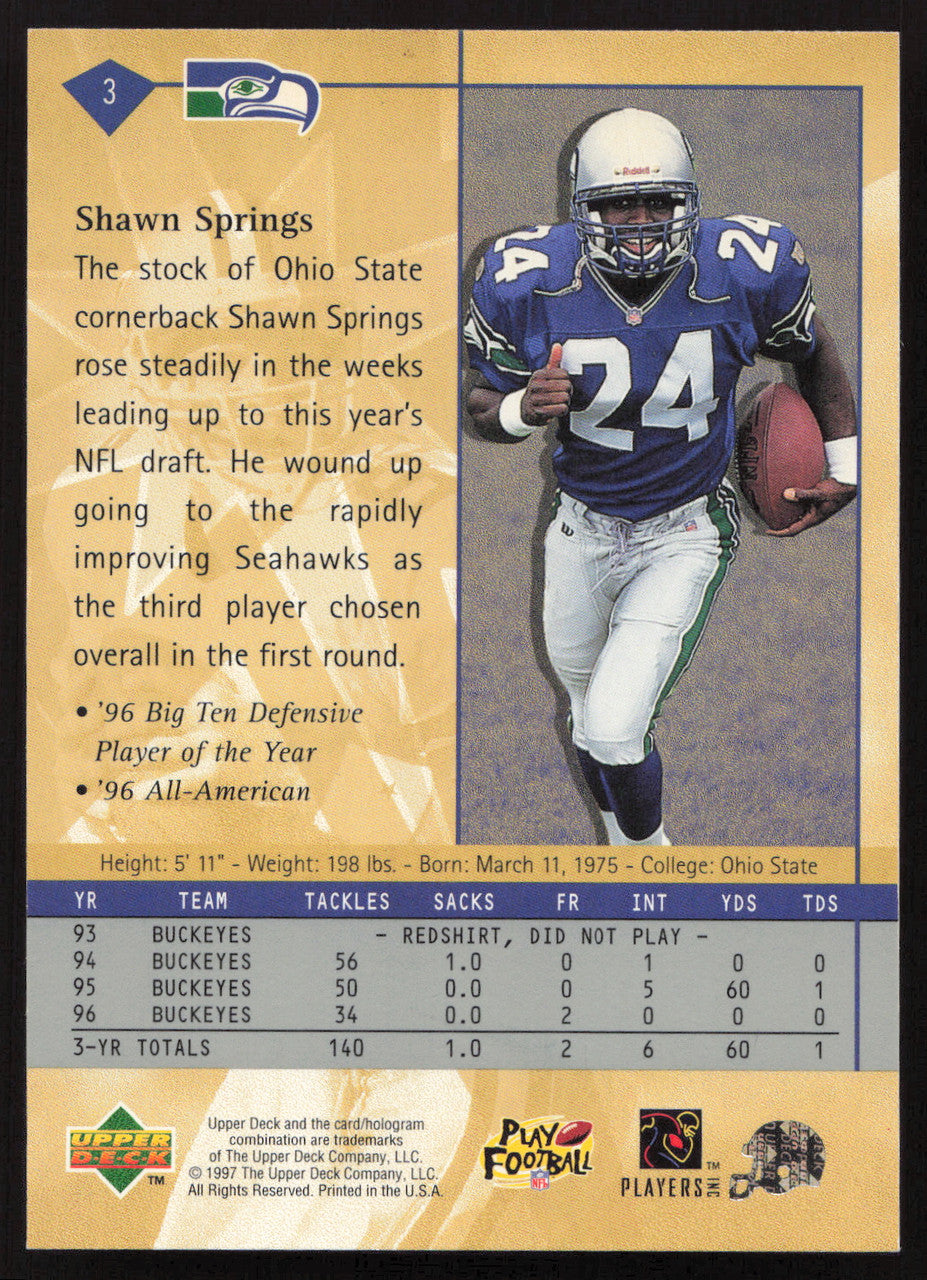 Shawn Springs Autographed 1997 Upper Deck Rookie Card #3 Seattle Seahawks SKU #260386