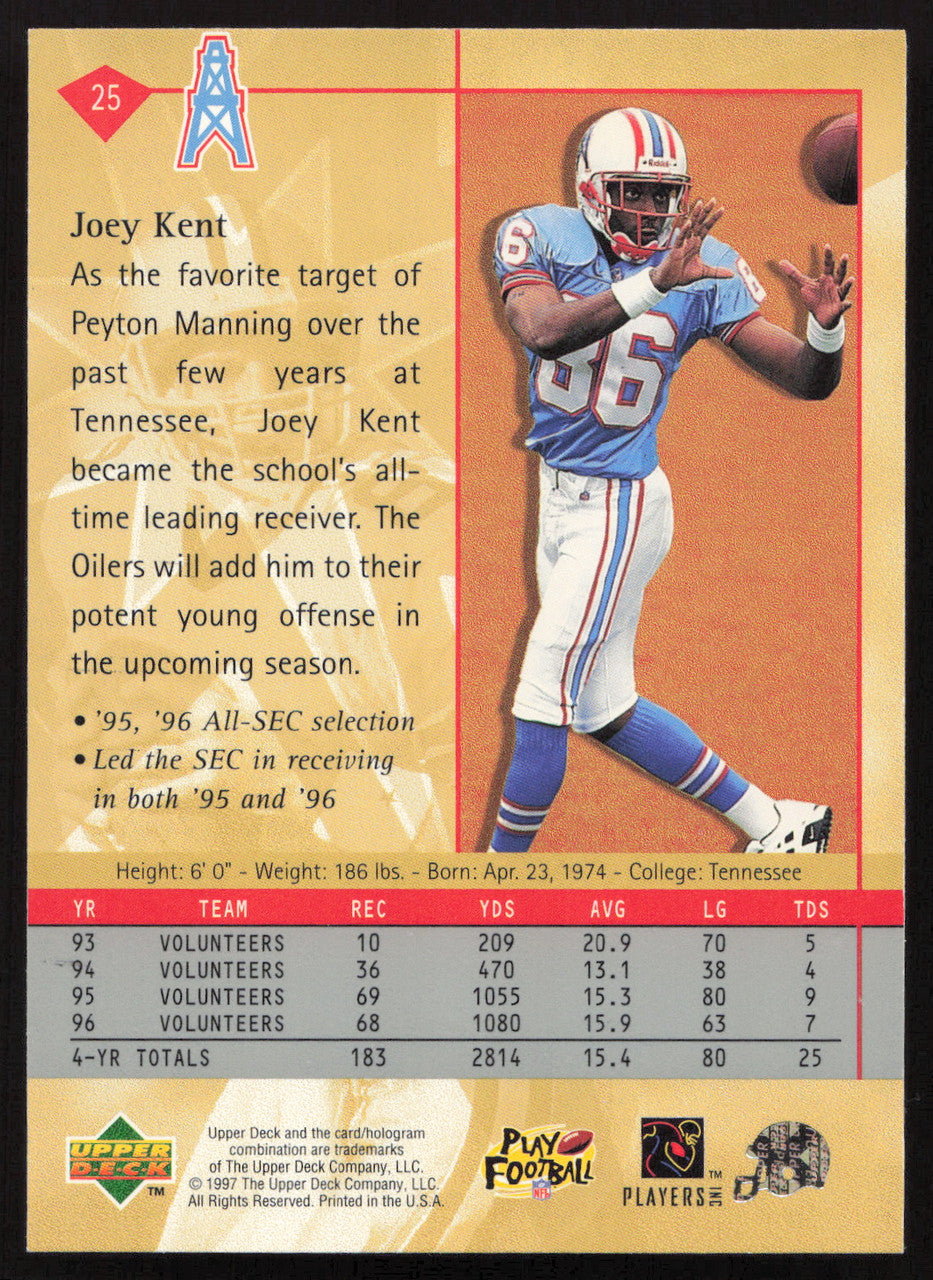 Joey Kent Autographed 1997 Upper Deck Rookie Card #25 Houston Oilers SKU #260389