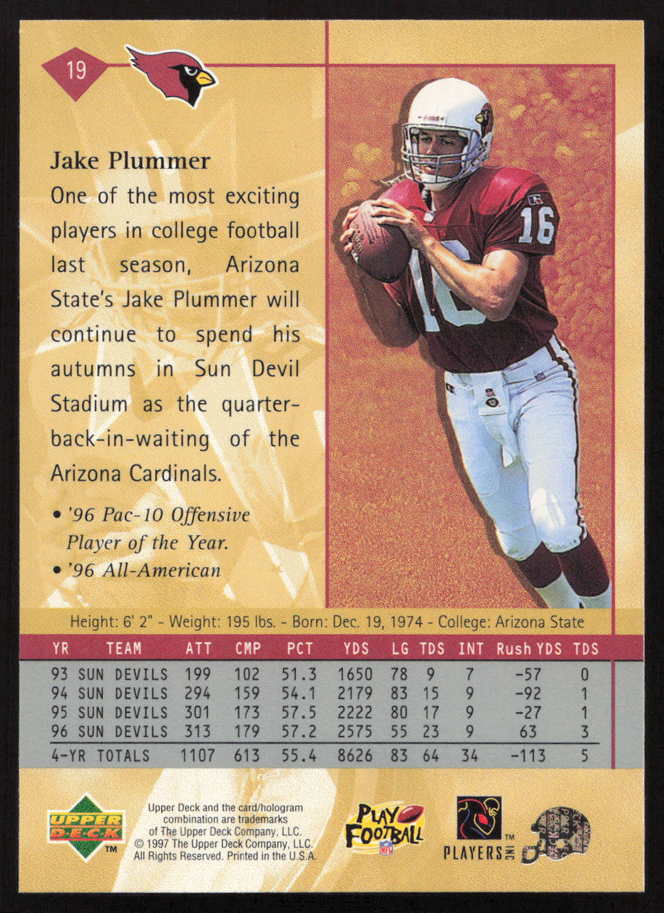 Jake Plummer Autographed 1997 Upper Deck Rookie Card #19 Arizona Cardinals SKU #260390