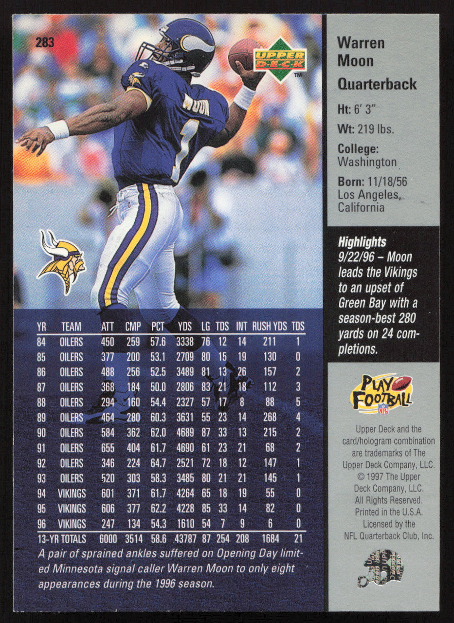 Warren Moon Autographed 1997 Upper Deck Card #283 Minnesota Vikings SKU #260396