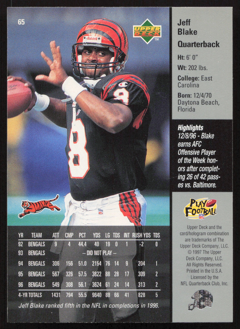 Jeff Blake Autographed 1997 Upper Deck Card #65 Cincinnati Bengals SKU #260397