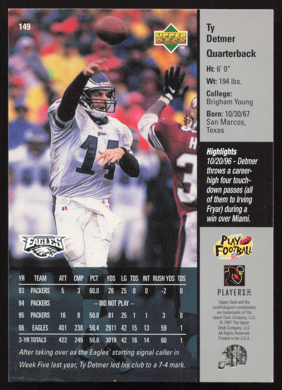 Ty Detmer Autographed 1997 Upper Deck Card #149 Philadelphia Eagles SKU #260403