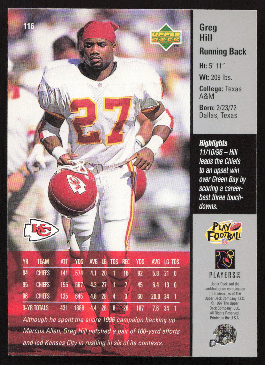 Greg Hill Autographed 1997 Upper Deck Card #116 Kansas City Chiefs SKU #260407