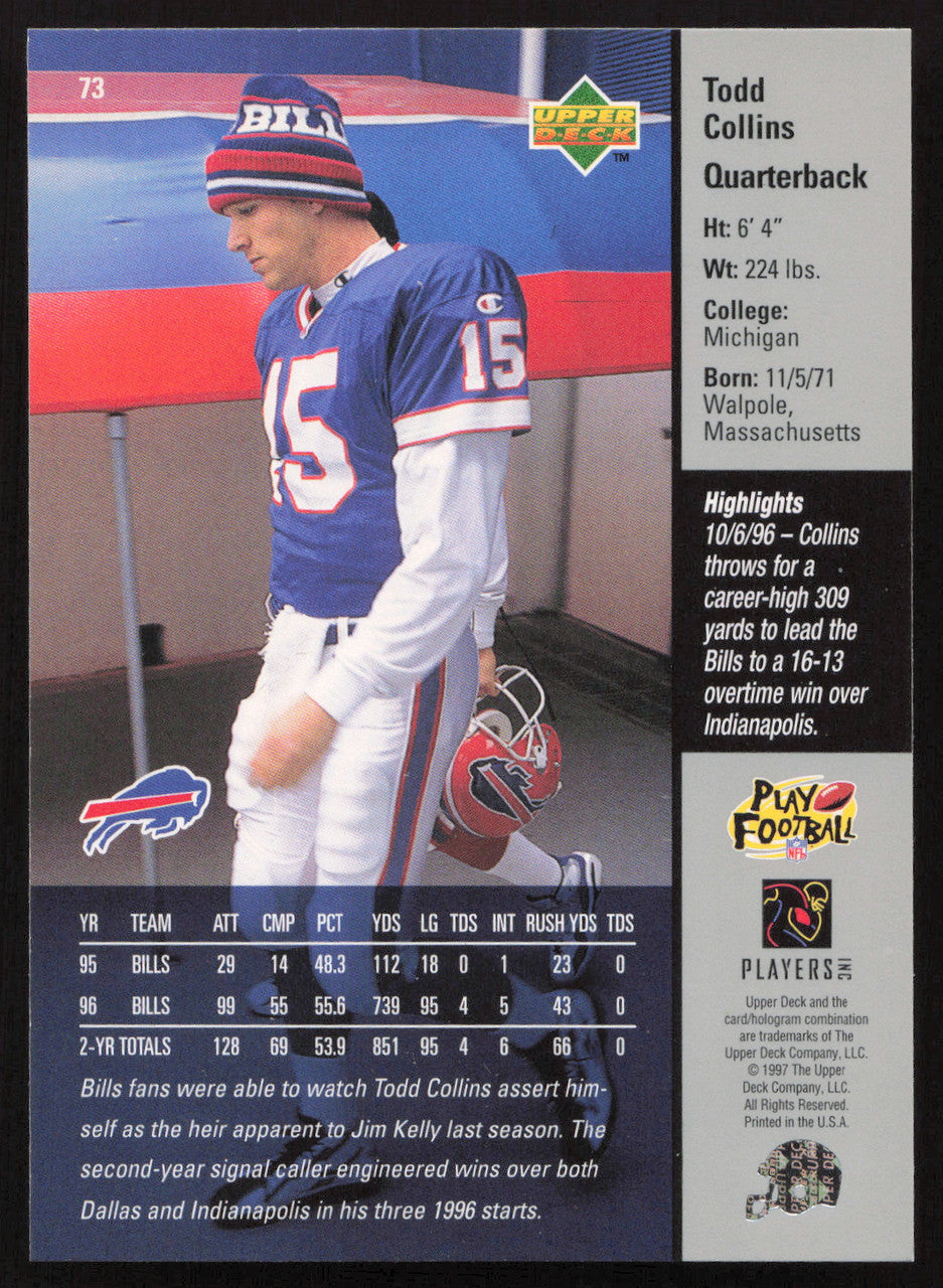 Todd Collins Autographed 1997 Upper Deck Card #73 Buffalo Bills SKU #260408