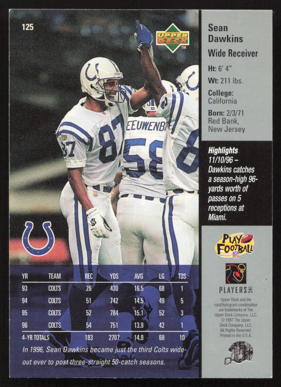 Sean Dawkins Autographed 1997 Upper Deck Card #125 Indianapolis Colts SKU #260412