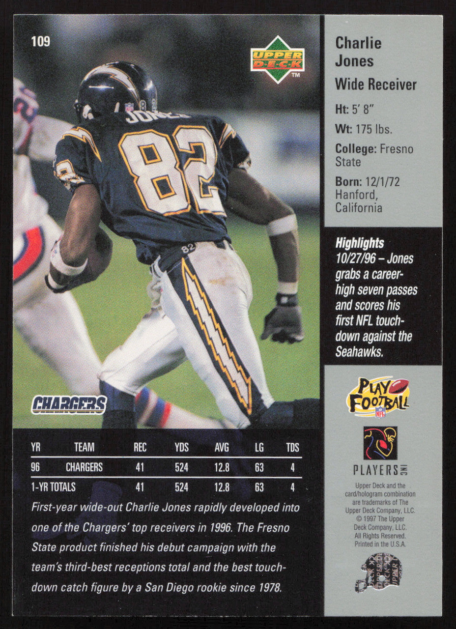 Charlie Jones Autographed 1997 Upper Deck Card #109 San Diego Chargers SKU #260414