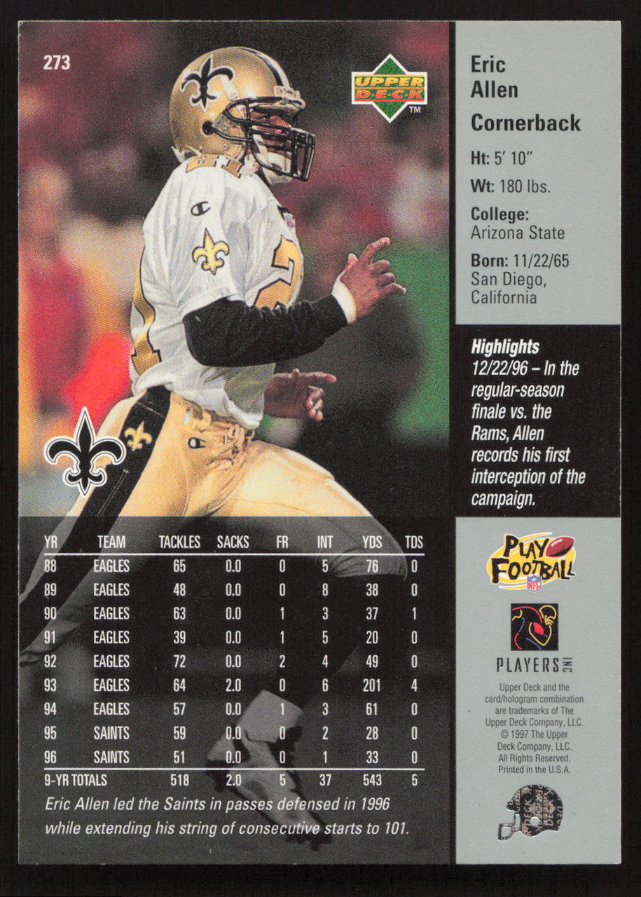 Eric Allen Autographed 1997 Upper Deck Card #273 New Orleans Saints SKU #260418