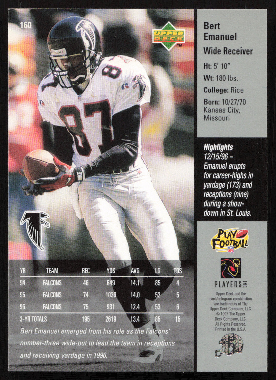 Bert Emanuel Autographed 1997 Upper Deck Card #160 Atlanta Falcons SKU #260422