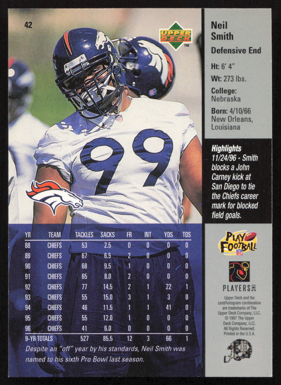Neil Smith Autographed 1997 Upper Deck Card #42 Denver Broncos SKU #260426