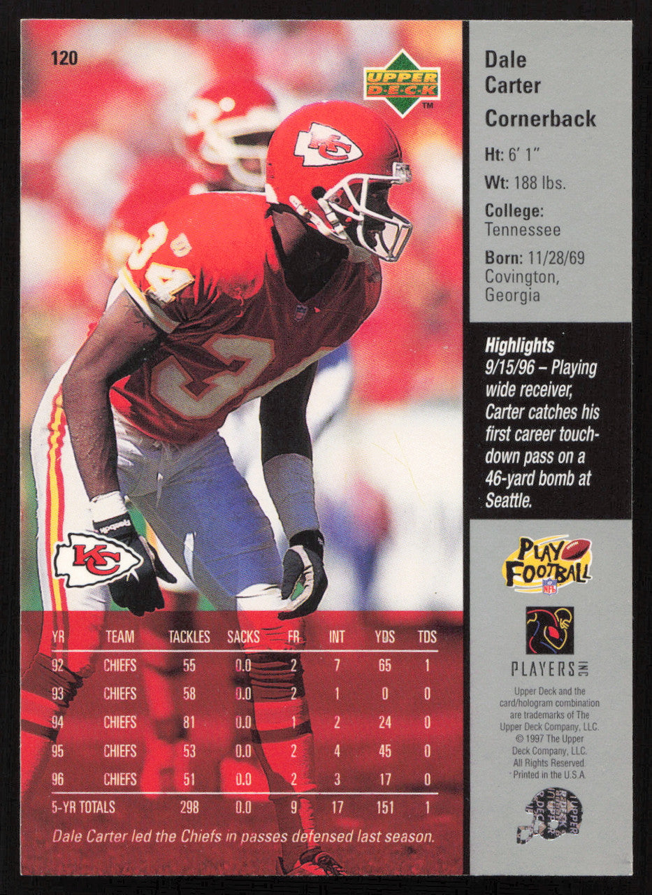 Dale Carter Autographed 1997 Upper Deck Card #120 Kansas City Chiefs SKU #260433