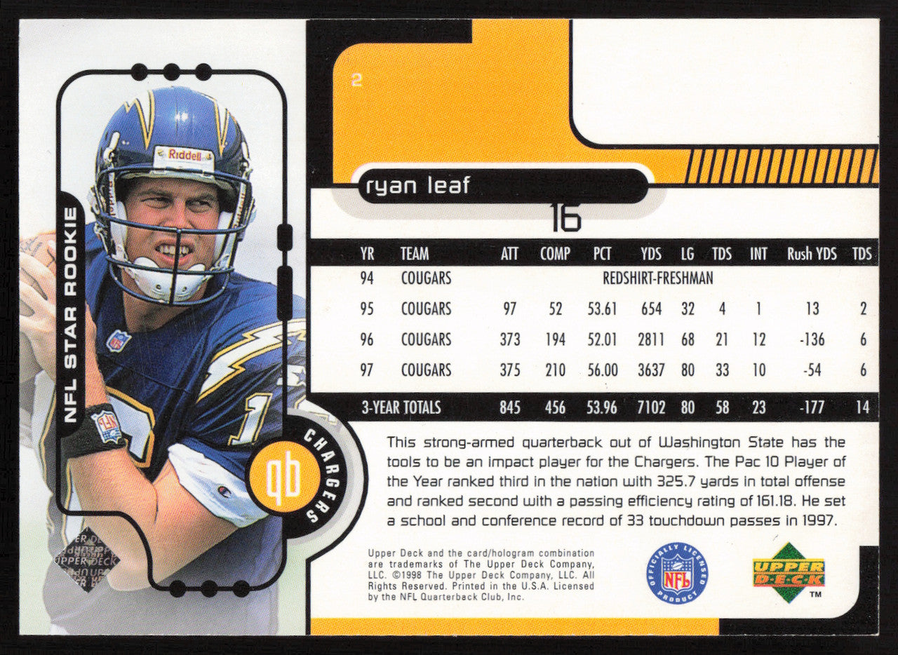 Ryan Leaf Autographed 1998 Upper Deck Rookie Card #2 San Diego Chargers SKU #260437