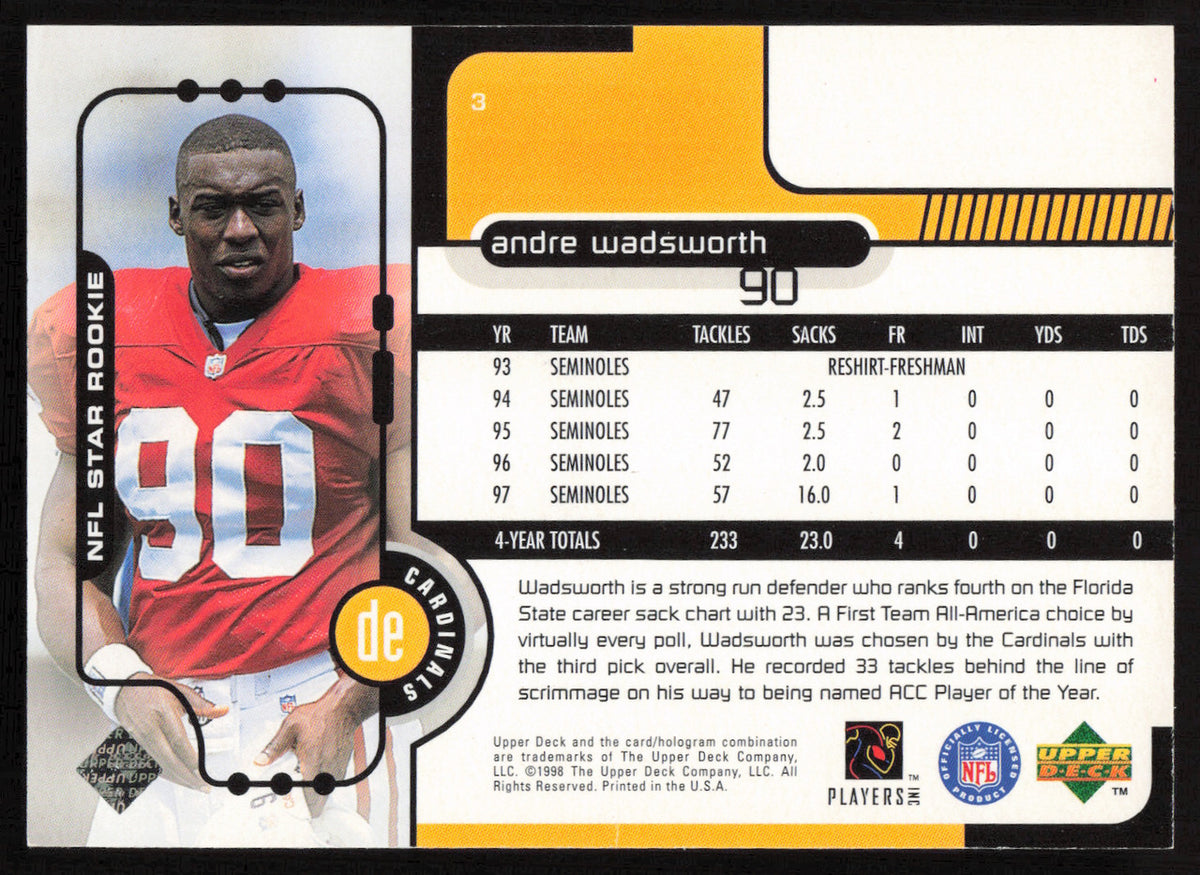 Andre Wadsworth Autographed 1998 Upper Deck Rookie Card #3 Arizona Cardinals SKU #260442