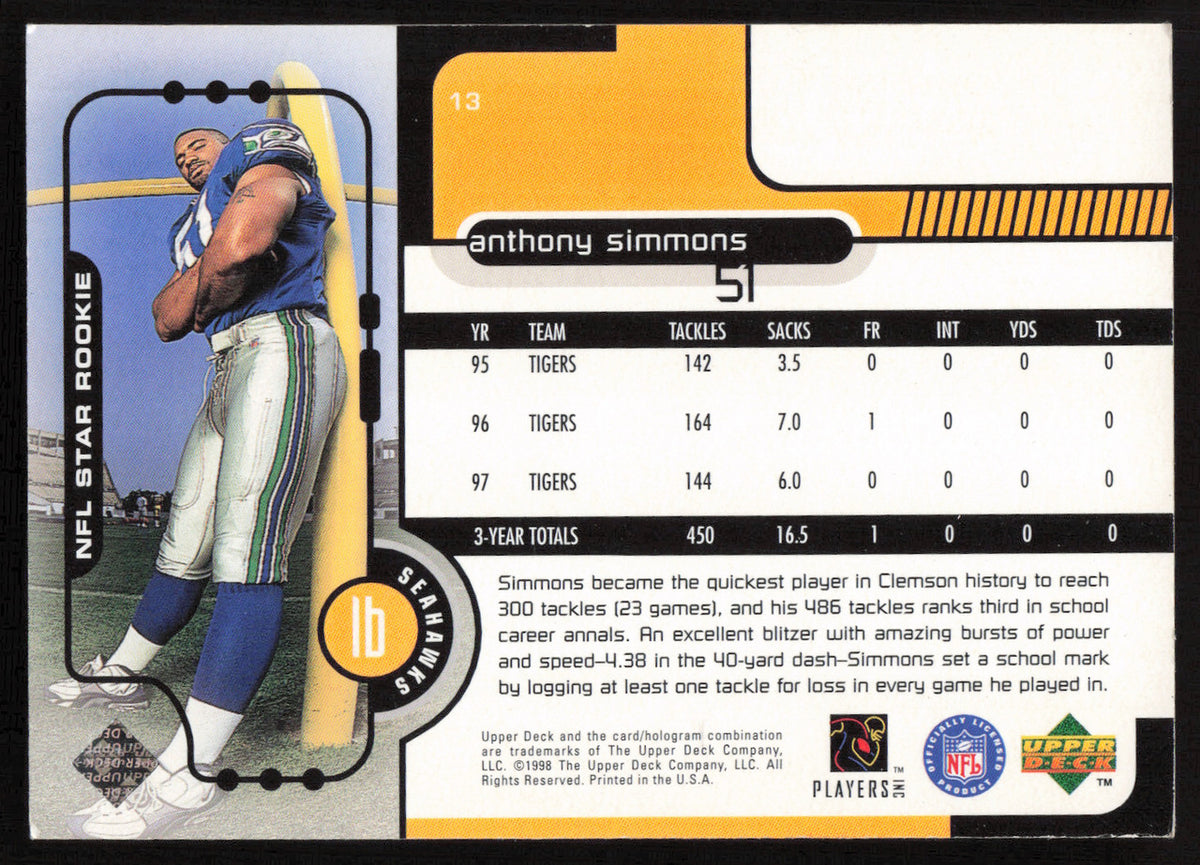 Anthony Simmons Autographed 1998 Upper Deck Rookie Card #13 Seattle Seahawks SKU #260447