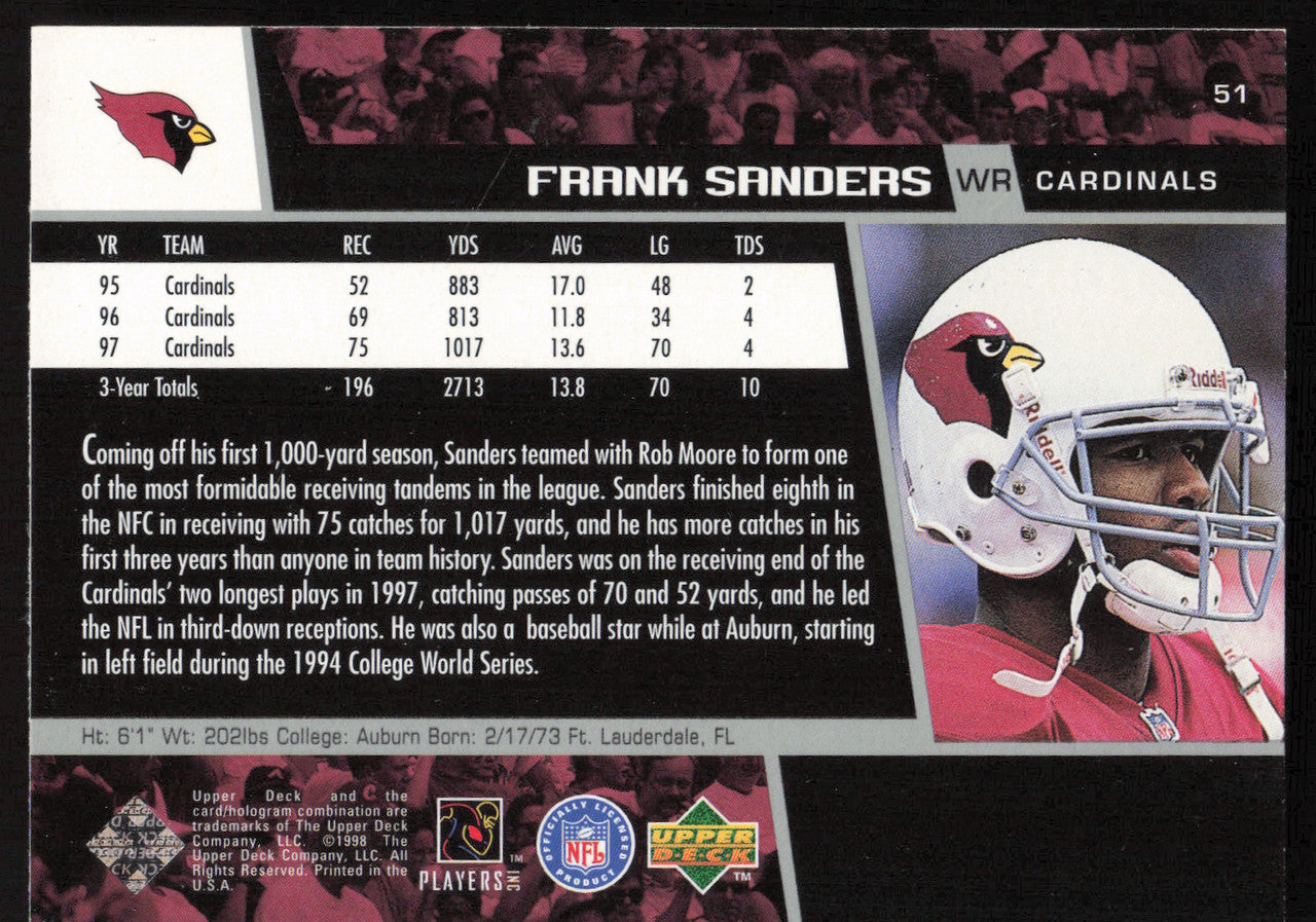 Frank Sanders Autographed 1998 Upper Deck Card #51 Arizona Cardinals SKU #260453