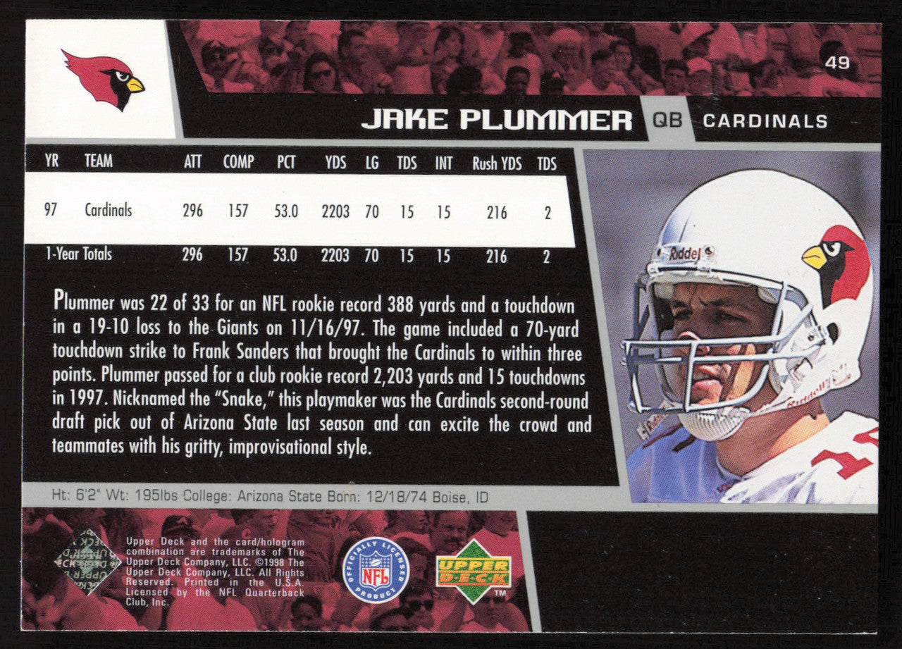 Jake Plummer Autographed 1998 Upper Deck Card #49 Arizona Cardinals SKU #260454