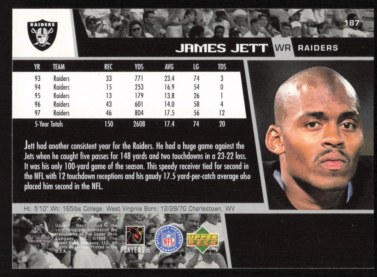 James Jett Autographed 1998 Upper Deck Card #187 Los Angeles Raiders SKU #260456