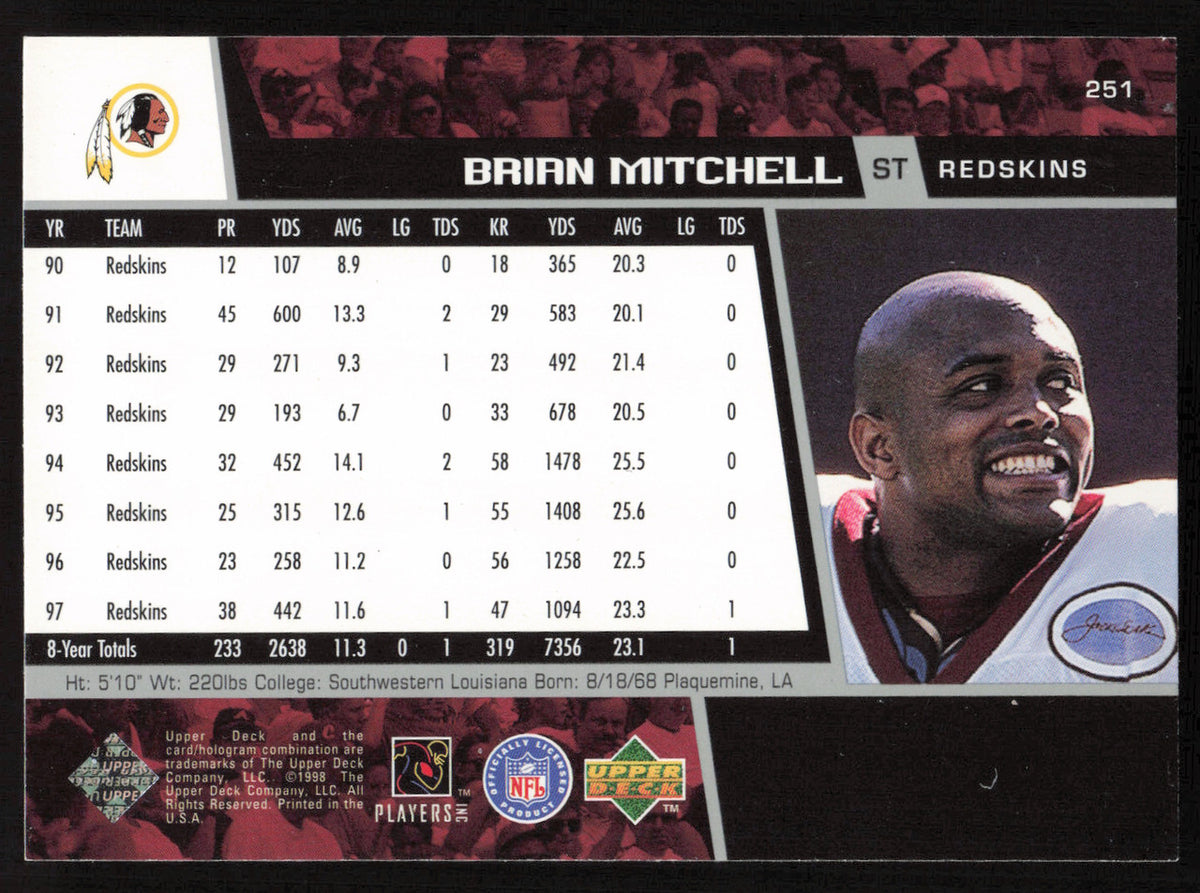 Brian Mitchell Autographed 1998 Upper Deck Card #251 Washington Redskins SKU #260457