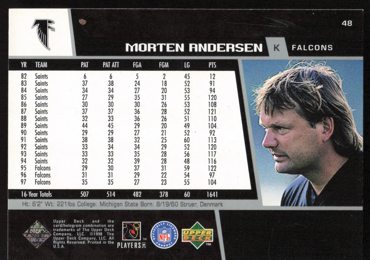 Morten Andersen Autographed 1998 Upper Deck Card #48 Atlanta Falcons SKU #260460