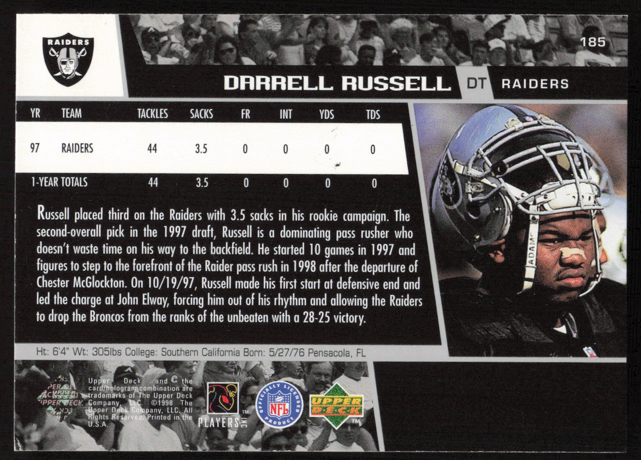 Darrell Russell Autographed 1998 Upper Deck Card #185 Los Angeles Raiders SKU #260465