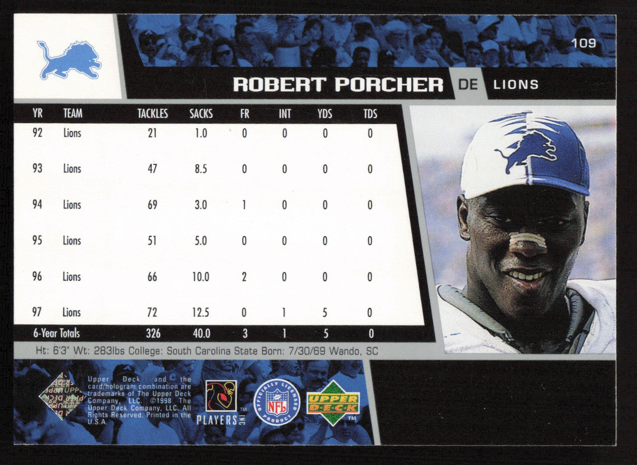 Robert Porcher Autographed 1998 Upper Deck Card #109 Detroit Lions SKU #260466
