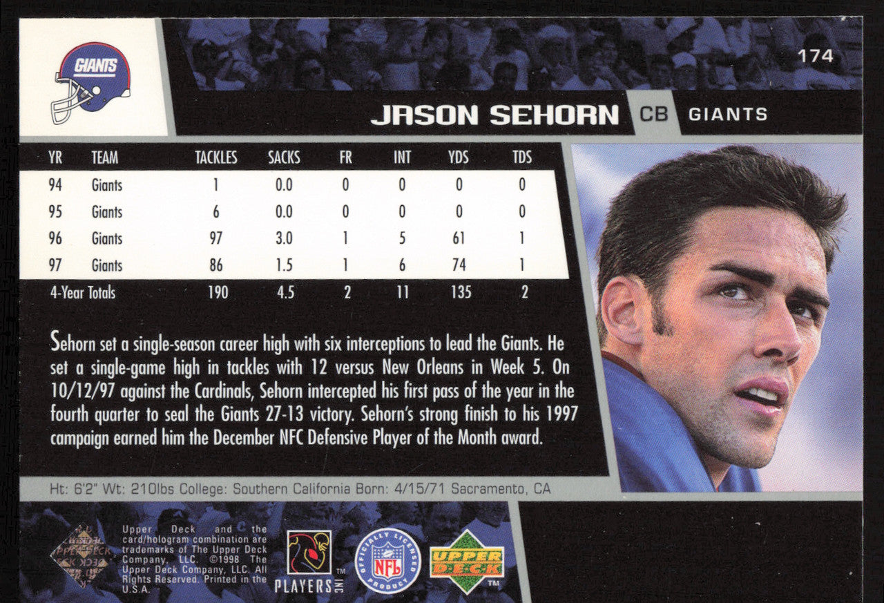 Jason Sehorn Autographed 1998 Upper Deck Card #174 New York Giants SKU #260467