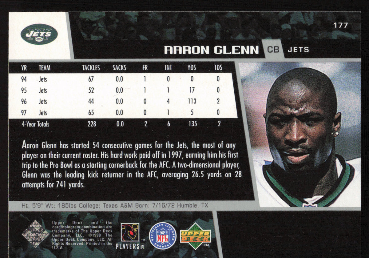Aaron Glenn Autographed 1998 Upper Deck Card #177 New York Jets SKU #260468
