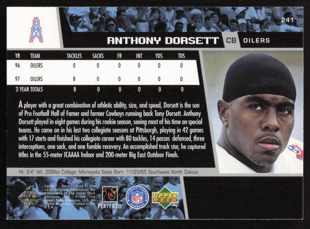 Anthony Dorsett Autographed 1998 Upper Deck Card #241 Houston Oilers SKU #260471