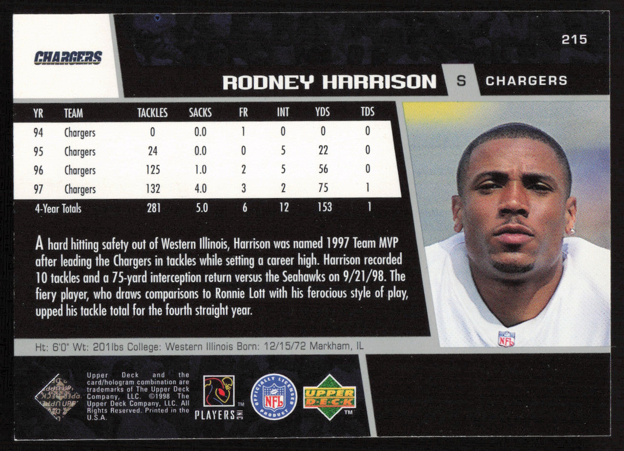 Rodney Harrison Autographed 1998 Upper Deck Card #215 San Diego Chargers SKU #260473