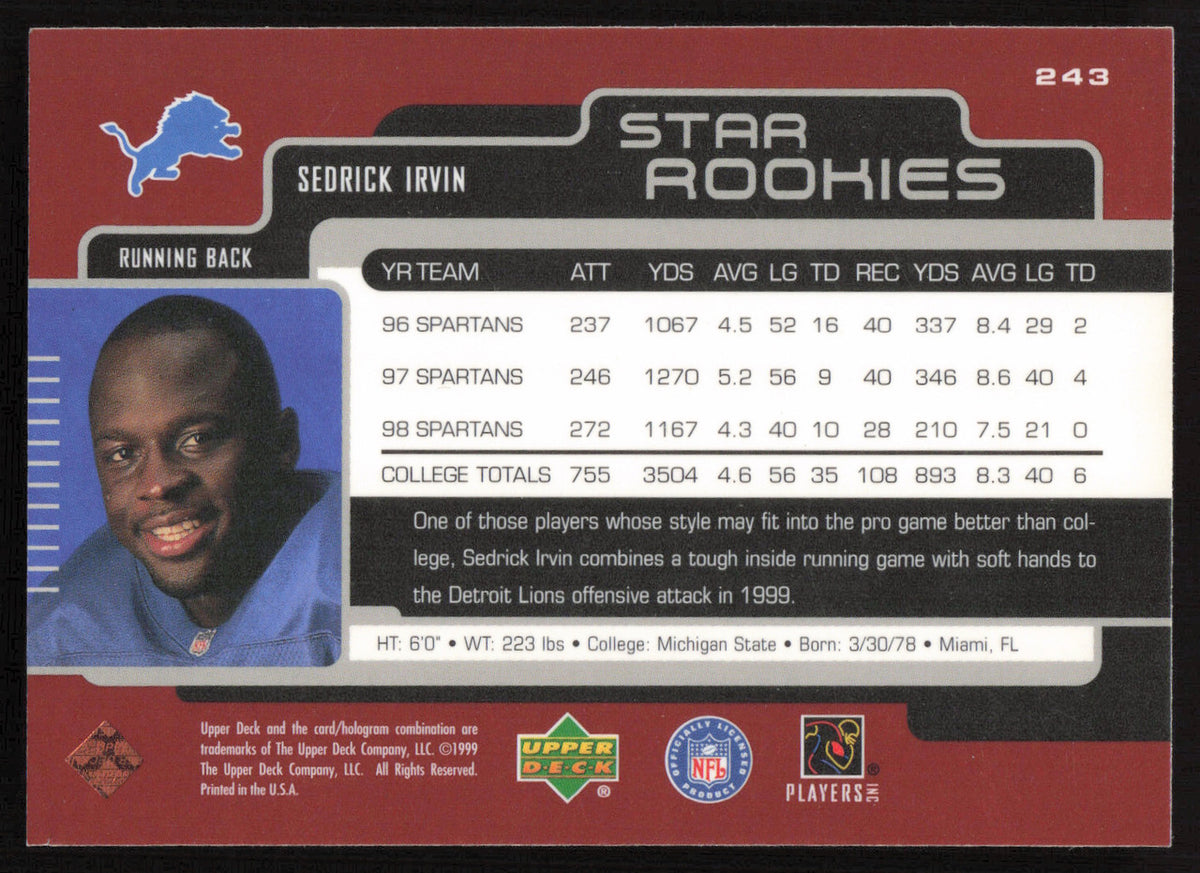 Sedrick Irvin Autographed 1999 Upper Deck Rookie Card #243 Detroit Lions SKU #260479