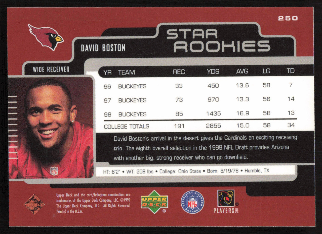David Boston Autographed 1999 Upper Deck Rookie Card #250 Arizona Cardinals SKU #260480