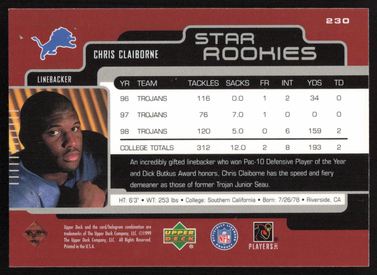 Chris Claiborne Autographed 1999 Upper Deck Rookie Card #230 Detroit Lions SKU #260483