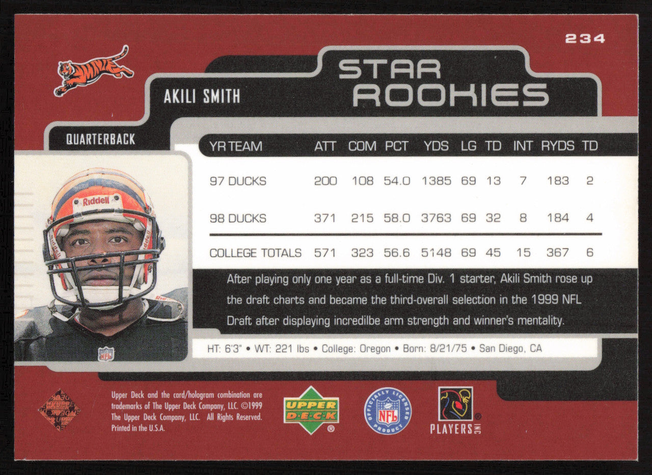 Akili Smith Autographed 1999 Upper Deck Rookie Card #234 Cincinnati Bengals SKU #260484