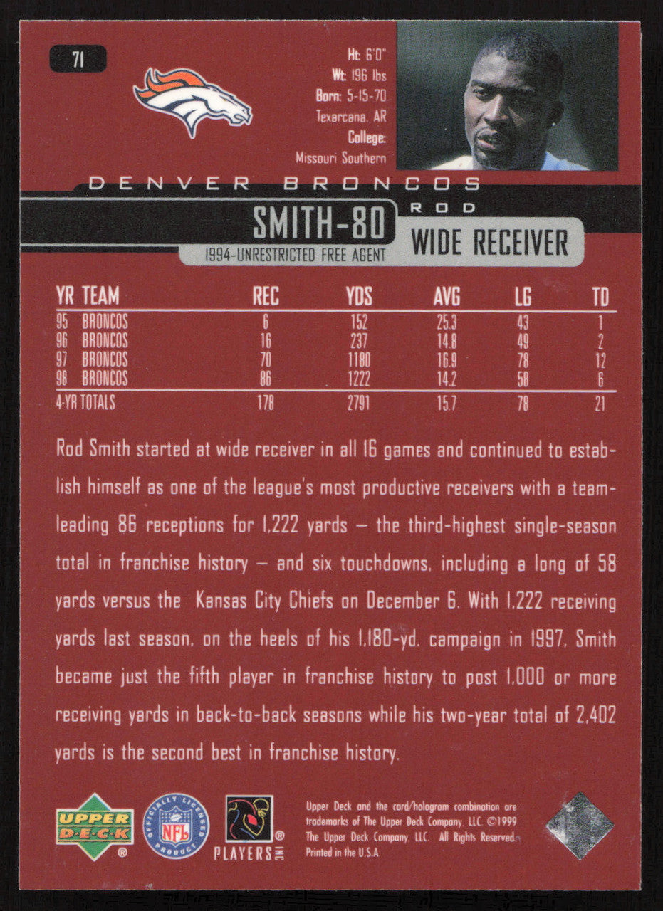 Rod Smith Autographed 1999 Upper Deck Card #71 Denver Broncos SKU #260491