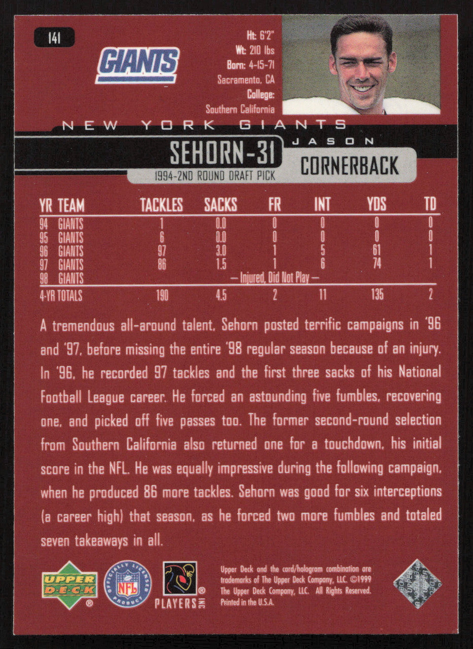 Jason Sehorn Autographed 1999 Upper Deck Card #141 New York Giants SKU #260496