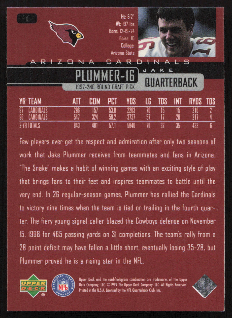 Jake Plummer Autographed 1999 Upper Deck Card #1 Arizona Cardinals SKU #260498