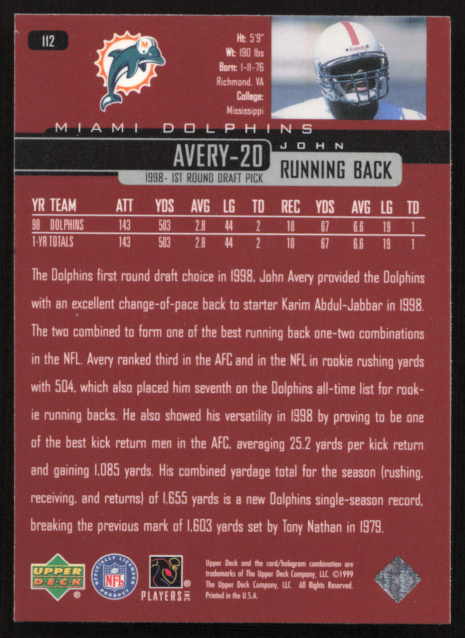 John Avery Autographed 1999 Upper Deck Rookie Card #112 Miami Dolphins SKU #260499