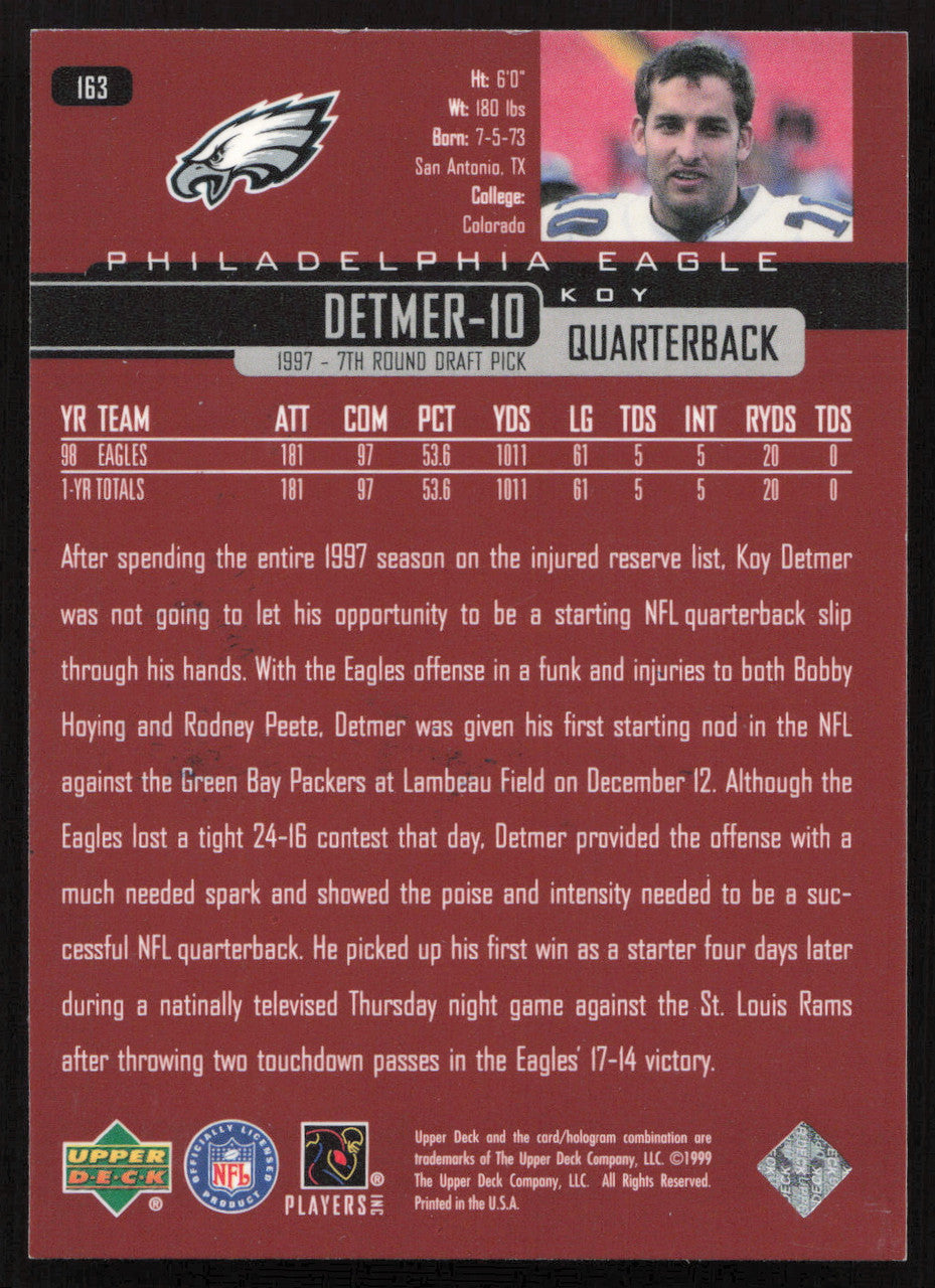 Koy Detmer Autographed 1999 Upper Deck Card #163 Philadelphia Eagles SKU #260500