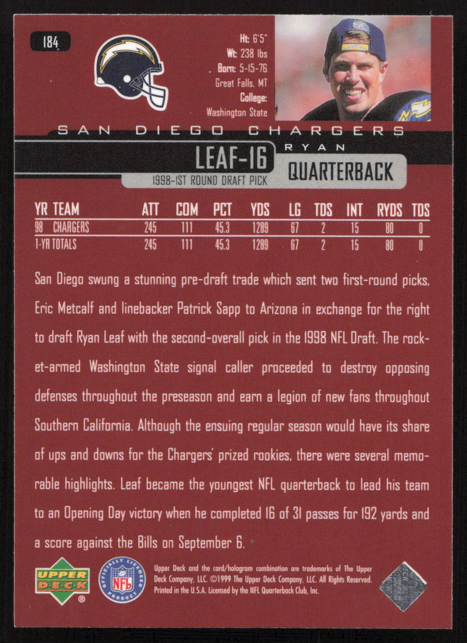 Ryan Leaf Autographed 1999 Upper Deck Card #184 San Diego Chargers SKU #260501