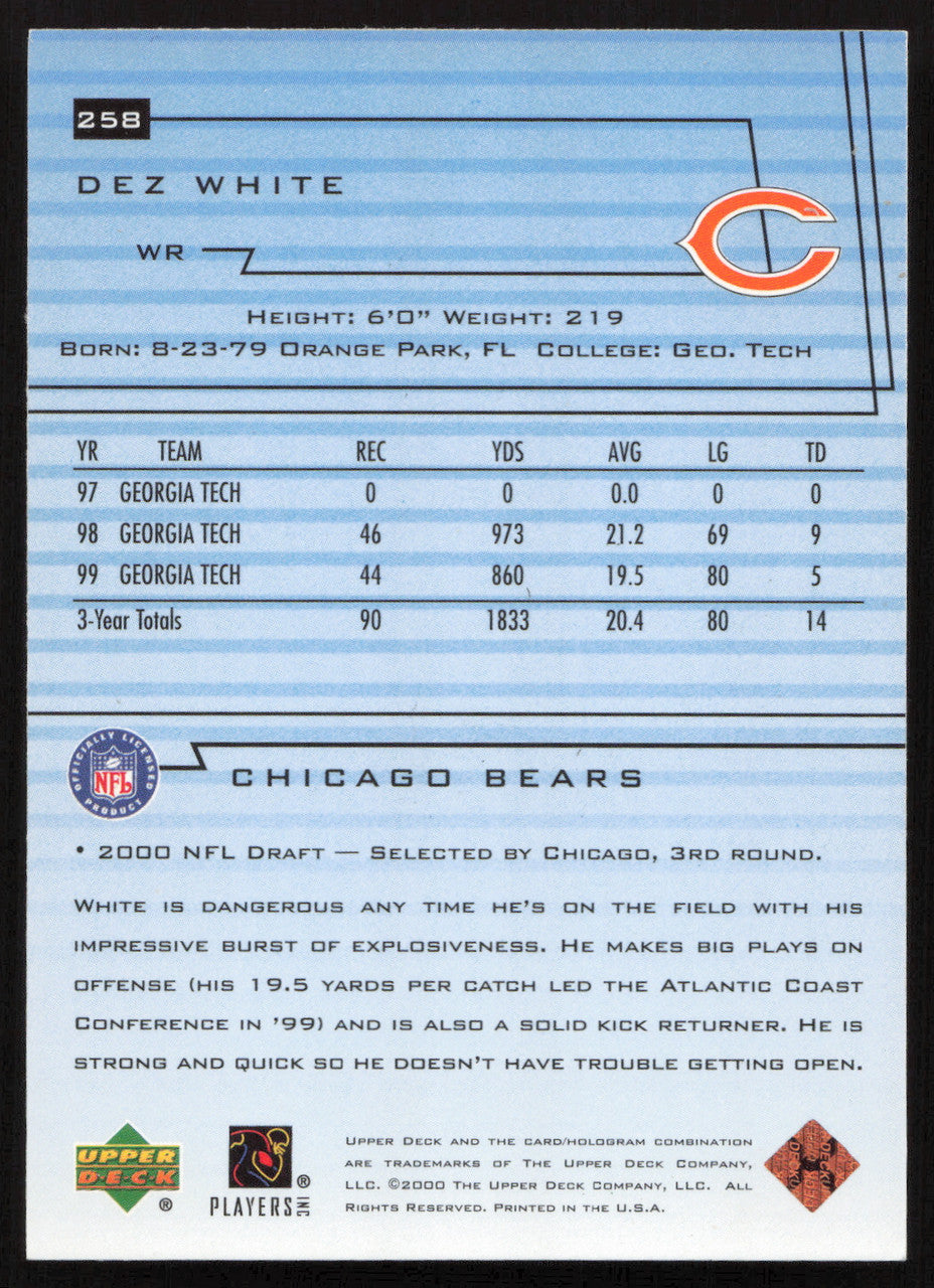 Dez White Autographed 2000 Upper Deck Rookie Card #258 Chicago Bears SKU #260506