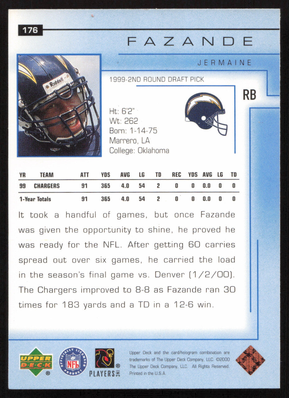 Jermaine Fazande Autographed 2000 Upper Deck Card #176 San Diego Chargers SKU #260507