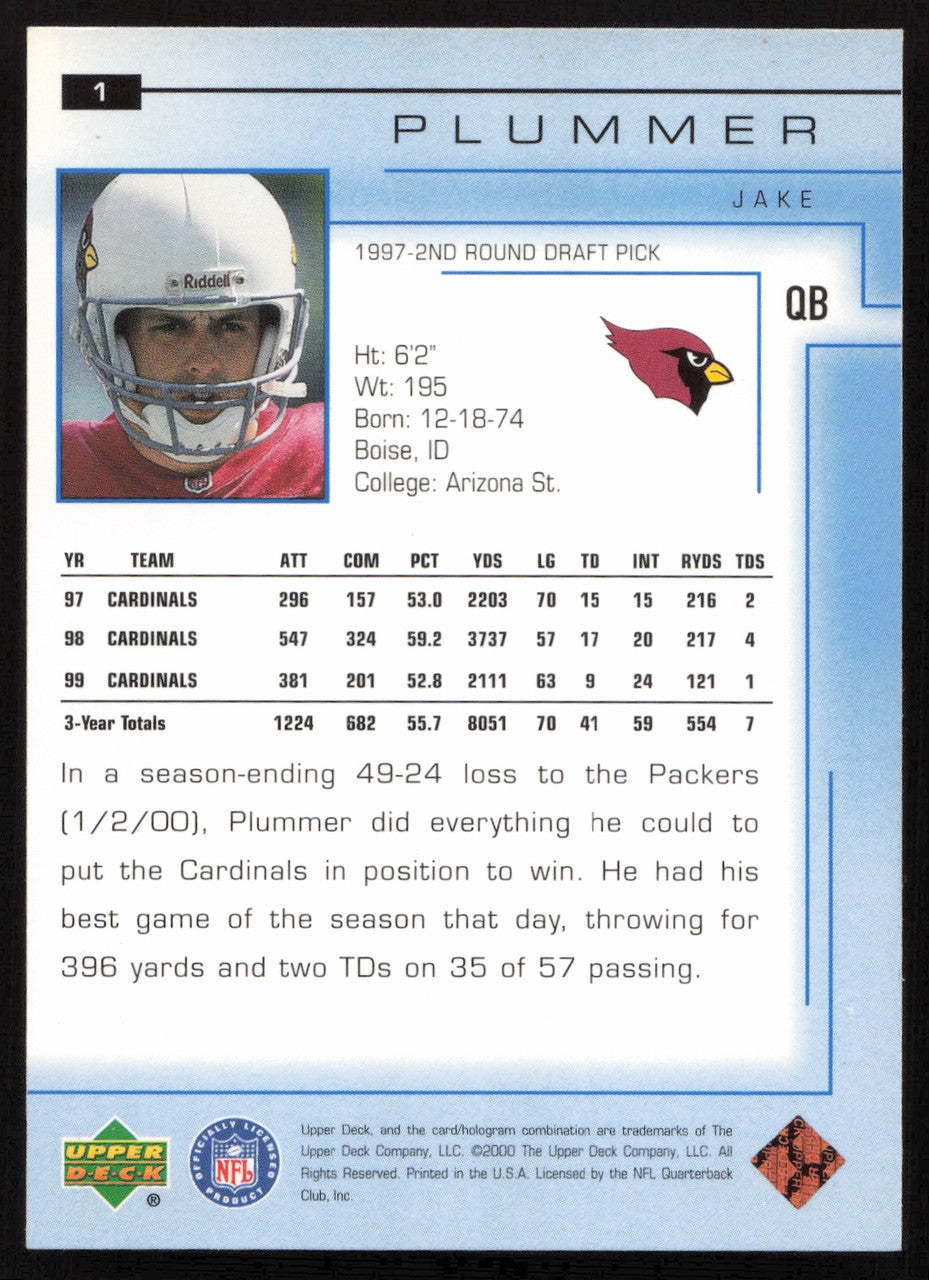 Jake Plummer Autographed 2000 Upper Deck Card #1 Arizona Cardinals SKU #260508
